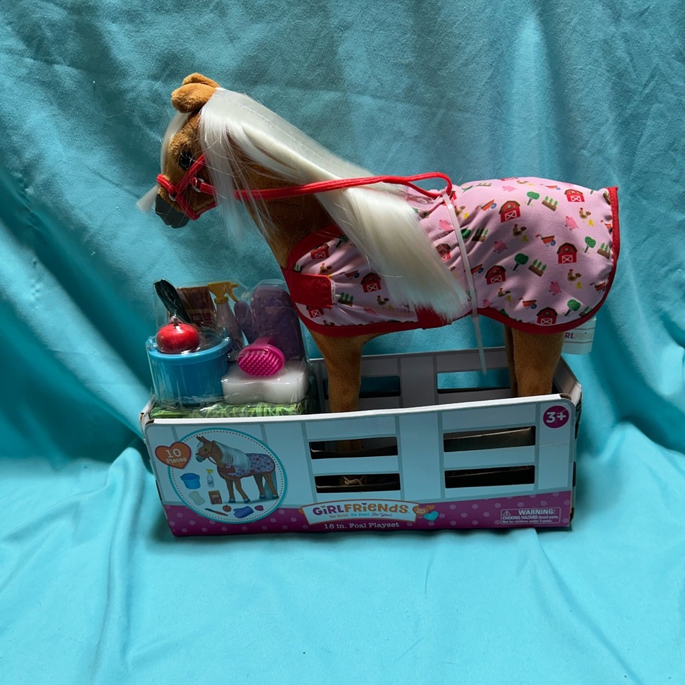 Toy Horse with Pink Farm Blanket and Accessories